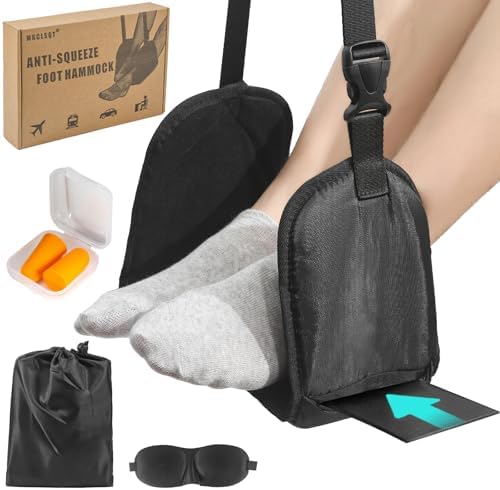 Portable Airplane Foot Hammock With Memory Foam – Includes Sleep Mask & Ear Plugs For Long Flights