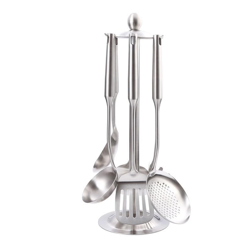 BERAM Stainless Steel Cooking Set, 304 Utensils Set of 6 with Stand – Pasta Server, Rice Scoop, Turner, Spatula, Soup Ladle, Skimmer – Kitchen Tools for Daily Use