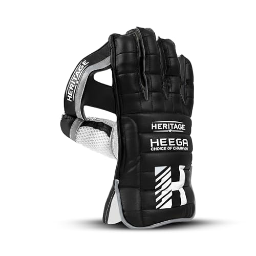 Image of Heega Heritage Leather Cricket Wicket Keeping Gloves for Professional Players | Durable Construction, High-Density Finger Protection, Ergonomic Design for Enhanced Flexibility and Comfort Black Men