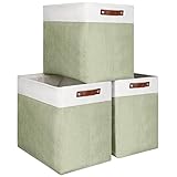 YeaBerr Storage Baskets with Leather Handles - Set of 3 Large Fabric Organizers for Toys, Clothes -