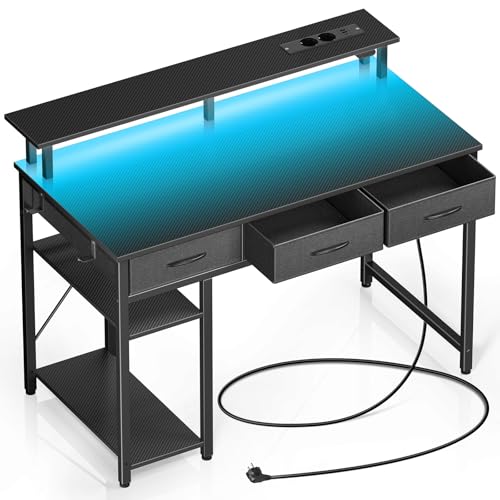 Rolanstar Schreibtisch mit Schubladen, Computertisch mit Steckdosen & LED, Gaming Tisch mit Monitorständer, Regal & 2 Haken, Gaming Schreibtisch für Büro, Wohnzimmer(Schwarz, 100x47x90,5cm)