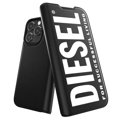 DIESEL iPhone15Proケース 手帳型 おしゃれ ブランド ロゴ デザイン 黒 (ディーゼル iPhone 15 Pro 手帳型ケース, ブラック/ホワイト)
