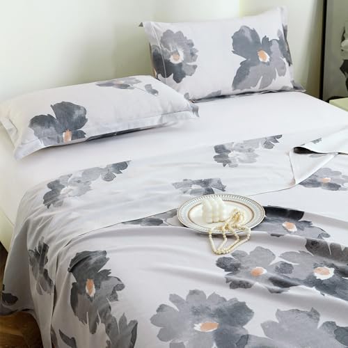Image of Story@Home Bedsheet for Double Bed Cotton 190 TC with 2 Pillow Covers, White & Grey, Floral, 225 cm X 250 cm | Perfect for Home Decor