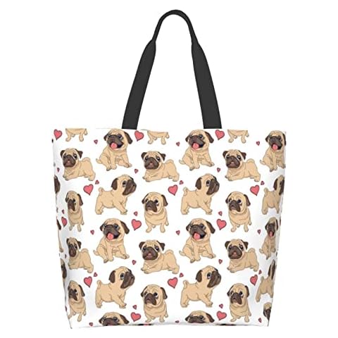 Cute Dog Pugs Heart Large Tote Bag For Women Casual Grocery bag Reusable Shopping Shoulder Bag Waterproof Crossbody Handbag With Inner Pocket For Beach Travel Gym Cover