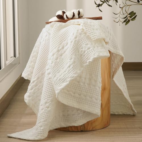 Image of PHF 100% Cotton Waffle Throw Blanket for Couch, Lightweight Breathable and Soft for Summer, Luxury Aesthetic Waffle Weave Blanket for Home Decor & Office, Gifts for Women, 50 inchx60 inch, Ivory