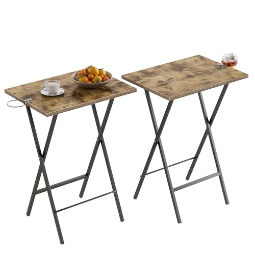 Image of VECELO Folding TV Tray for Eating Set of 2, Portable Dinner /Snack Table with Cup Holder for Couch, Living Room and Small Space, Rustic Brown