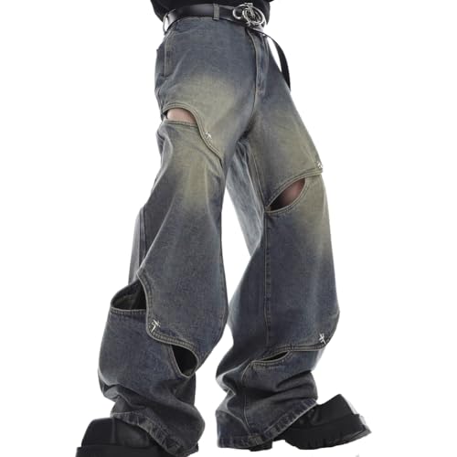 Men's Vintage Flared Leg Denim Jeans Hollow Out Denim Pants Wide Leg Pants Y2K