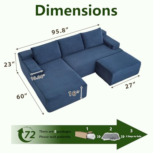 Image of 96.1 inch Modular Sectional Sofa with Ottoman, Modern Corduroy Cloud Couch, Boneless Couch Upholstered 3-Seater U-Shaped Sofa for Living Room, No Assembly (Blue, Right-Facing Chaise)