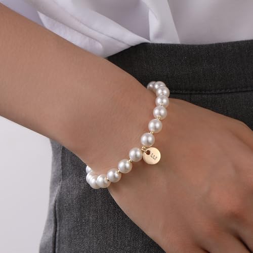 Initial Pearl Bracelet Flower Girl Bracelet Proposal Gifts for Girls, Dainty Gold Pearl Bracelets with Letter A-Z Personalized Name Jewelry Birthday Christmas Wedding Party Gift for Her4