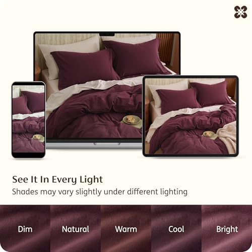 Image of Bedsure 100% Washed Cotton Duvet Cover Queen Size - Burgundy Minimalist Bedding Set Linen Like - PureWoven Plain Simple & Soft Comforter Cover for All Seasons (Burgundy, Queen, 90 inchx90 inch)