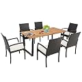 Tangkula 7 Piece Patio Rattan Dining Set, Outdoor Wicker Chair & Dining Table Set, Acacia Wood Tabletop w/Umbrella Hole, Seat Cushions Included, for Poolside, Backyard (7 PCS)