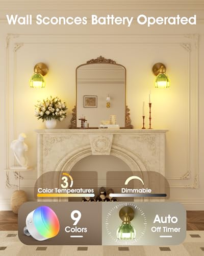 Image of VOLISUN Vintage Battery Operated Wall Sconces, with Green Tulip Glass Lampshade, Wireless Wall Sconces Set of Two, Rechargeable Battery Powered Wall Lights, Sconces Wall Decor for Bedroom Living Room