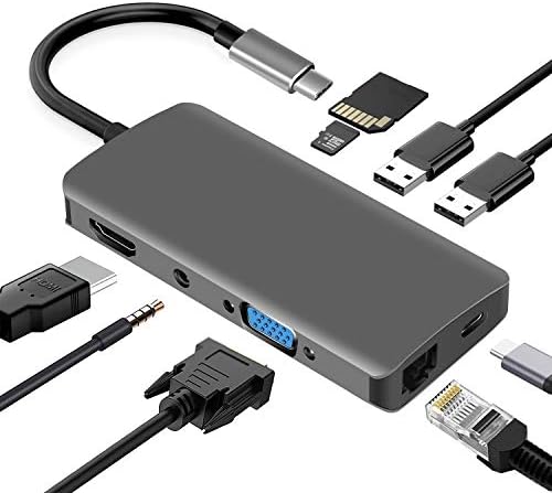 USB C Hub, 9-in-1 Type C Adapter Dock with VGA Port, 4K USB C to HDMI, PD Power Delivery, 1Gbps Ethernet Port, Mic/Audio port, SD/TF Card Reader, 2 USB-3.0 Ports, Portable for MacBook Pro (9 in 1)