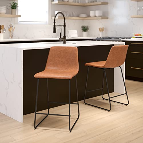 Butacos de altura para barra Flash Furniture Reagan, estilo moderno de mediados de siglo, con reposapiés, cuero suave, juego de 2, marrón claro miniatura 2