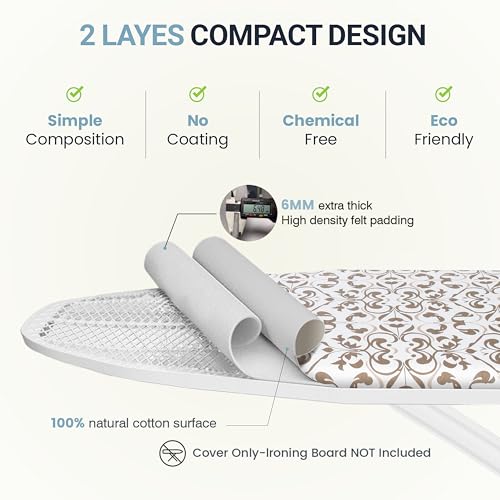 Image of Ironing Board Cover and Pad 18 inchx49 inch Extra Thick Natural Cotton, Scorch and Stain Resistant Iron Board Cover,Wide Ironing Board Cover with Fasteners Heavy Duty Heatproof Elastic Edge Taupe