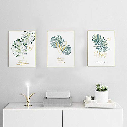 Alvinlite Autocollant de Sol - Autocollant Mural en PVC - 3Pcs Feuilles de Plantes Simplement Vertes de Style Nordique avec des Lettres Art Mural Canva Peinture Décor de Noyau Cover