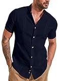 JMIERR Mens Cuban Camp Guayabera Shirts Linen Casual Short Sleeve Button Down Shirt Band Collar Summer Beach Tops Linen Cotton Shrits, US48.5(2XL), A Blue