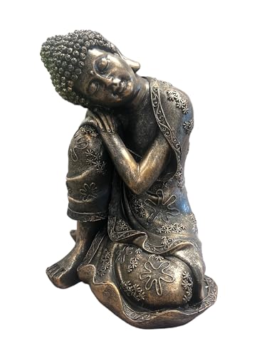 Sitting Buddha Garden Ornament Outdoor Statue Indoor Home Decor Bronzed Effect Figurine Table top Thai Meditating Décor Zen Weather Resistant 25cm Tall