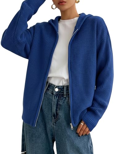 Image of SOLY HUX Zip Up Cardigan for Women Hooded Cardigan Sweater Knitted Drop Shoulder Fall Clothes Winter Hoodies Outerwear