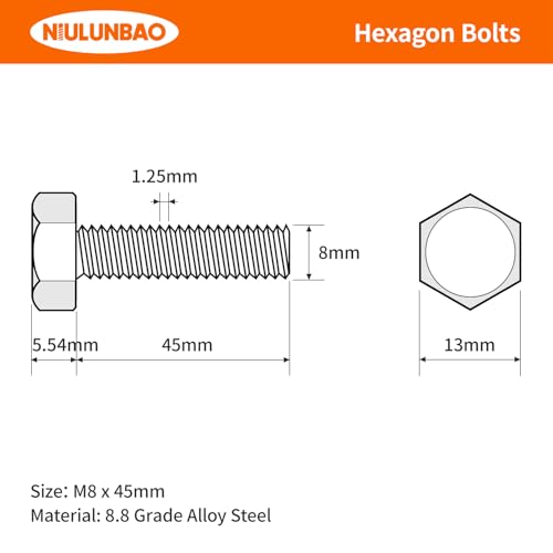 Image of M8-1.25 x 45mm Heavy Duty Hexagon Bolts Hex Head Screws, 8.8 Grade Alloy Steel, Black Oxide Finish, Metric Machine Fully Threaded, 15PCS