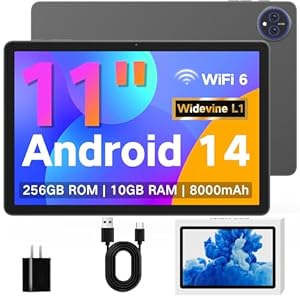 JUNYANG Android 14 Tablet 11 Inch, 256GB ROM+10GB RAM, Octa-Core, WiFi 6, 8000mAh Battery, HD IPS Touchscreen, USB OTG, Dual Camera, Widevine L1, Lightweight Tablet for Entertainment and Work