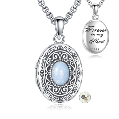 MONGAS Filigree Opal Photo Locket Necklace for Women Sterling Silver Opal Filigree Picture Locket Necklace Memorial Jewelry for Women Men