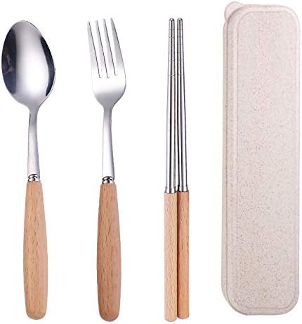 Muka Juego de 3 cubiertos reutilizables con mango de madera con estuche y mango de madera