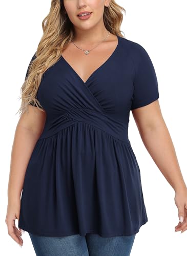 Image of TIANZHU Plus Size Tunic Tops for Women Lightweight V-Neck Short Sleeve Baby Doll Tops with Empire Waist Casual Work Blouse, Navy Blue, Size 24-26
