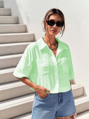 Image of TOPLOT V-Collar Solid Crop Shirt for Women with Half Sleeves, Polyester, Regular Fit