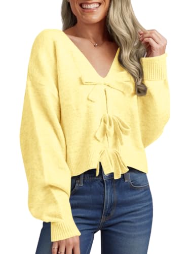 Image of Saodimallsu Womens Bow Sweater Cropped V Neck Long Sleeve Pullover Tops