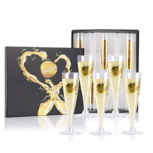 50 Gold Glitter Plastic Champagne Flutes 5 oz Cheers Disposable Clear
