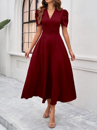 Image of Shasmi Girl's & Women's Solid Color V-Neck A-Line Maxi Dress for Women | New Year Party Outfit | Waist Cinched Puff Sleeve Western | Elegant Casual Wear (Dress 246)