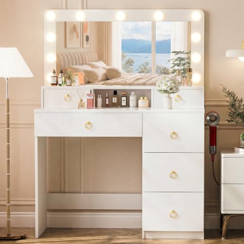 COMHOMA Makeup Vanity Desk with Mirror and Lights, Vanity Table with Divided Drawer and Storage Cabinet, 32In Full Size Mirror& Adjustable 3 Color Modes, Open Storage Shelf, White and Gold by COMHOMA - Used condition - Image 8