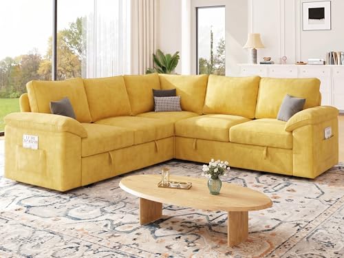 Image of 85 Inch Modular Sectional Sofa with Pull Out Bed, L Shaped 5 Seat Sectional Sleeper Sofa with Storage, Sectional Couches for Living Room, Cloud Modular Couch,Removable Sofa Cover,Yellow