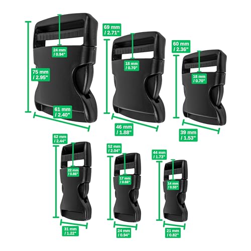Steckschnallen Set, 24 Stück, jede Größe 4 Mal, 15 mm, 20 mm, 25 mm, 32 mm, 38 mm und 50 mm, in Schwarz, aus Kunststoff, Steckschnallen-Klickverschluss, Ersatz Steckverschluss Reparatur, Gurtschnalle