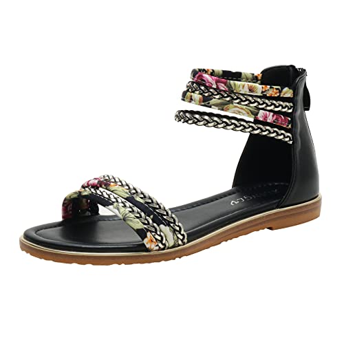 LOCIIXAT Women's Floral Pattern Braided Gladiator Sandals with Ankle Strap,