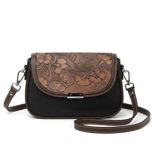 Vintage Floral Embossed Women Crossbody Bag PU Leather Sling Bag