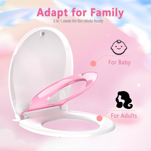 Image of Aunsffer Toddler Toilet Seat with Potty Training Seat Round 16.5inch, 2 in 1 Toilet Seat for Family Built-in Baby Seat Removable, Soft Close + Easy Clean, PP Safe Material, Pink