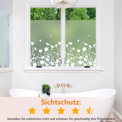 Aurathon Fensterfolie Blickdicht Sichtschutzfolie Fenster Milchglasfolie Blumenmuster mit Montagematerial Effektiver Sichtschutz Anti-UV Statische für Schlafzimmer, Büro, Badezimmer 44.5 x 200 cm