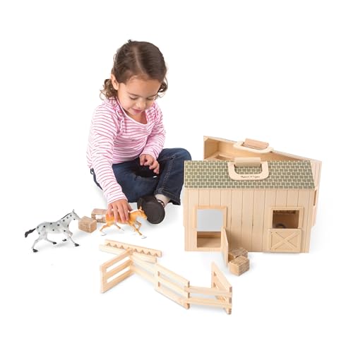 Melissa & Doug Fold and Go Wooden Horse Stable Dollhouse with Handle and Toy Horses (11 pcs) - image 3