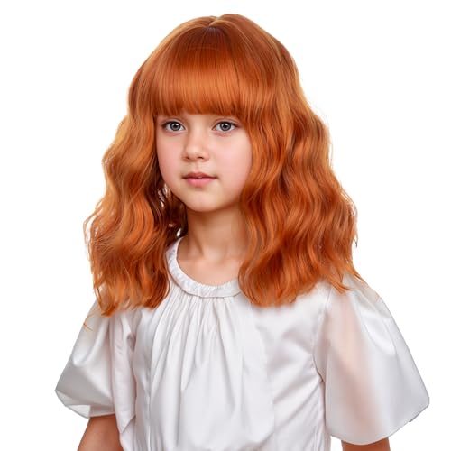 Image of Bright Orange Wig for Kids Girls Short Ginger Orange Wavy Curly Wig Children Wigs with Air Bangs Heat Resistant Synthetic Wigs with Cap