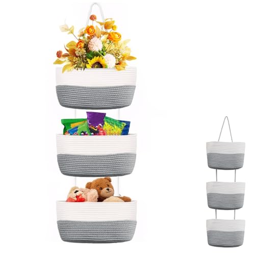 Organizador colgante de pared, 30 x 20 x 18 cm, 3 niveles, cuerda de algodón tejida, organizador montado en la pared, cesta colgante sobre la puerta, organizador colgante de lino, para baño (gris)