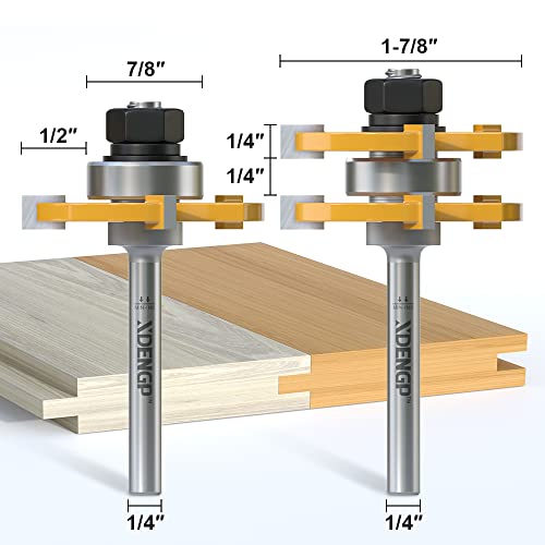 Image of Professional 2 PCS Tongue and Groove Router Bit Set 1 /4 Inch Shank, 3 Teeth T Shape Wood Milling Cutter Woodworking Tools, Matched Oak Hardwood Floor Wainscoting Boards Joinery Router Bit