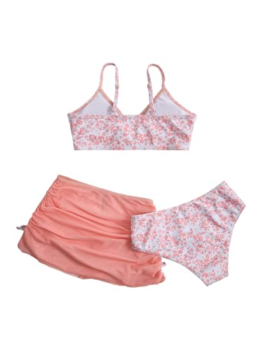 Image of COZYEASE Girls' 3 Piece Set Floral Print Bikini Swimsuit with Drawstring Beach Skirt Cute Ruched Bathing Suit