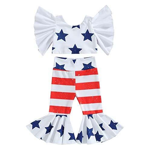 Gueuusu Toddler Girl 4th of July Clothes Fly Sleeve Stars Print Tank Top Striped Flare Pants Infant Independence Day Outfit (Red, 12-18 Months)