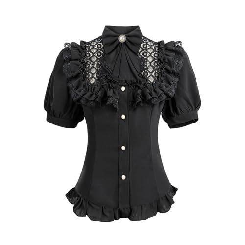 Fiamll Damen Viktorianisch Bluse Vintage Schleifenhemd Stehkragen mit Rüschen Kurzarm Mittelalter Bluse Schwarz M
