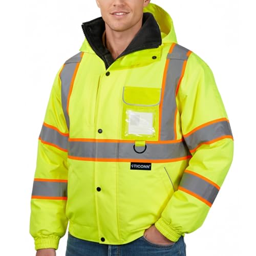 TICONN Waterproof Safety Bomber Jacket, Winter Rain Jacket Hi Vis Reflective, ANSI Class 3 Work Rain Coat (Yellow, L)