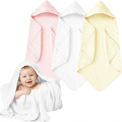 Image of Momsnug 3-Pack Muslin Hooded Baby Towels, White+ Pink+ Yellow, 35 inch X 35 inch | 100% Cotton, Ultra-Soft & Highly Absorbent ,Quick-Dry for Delicate Skin, For Babies, Toddler and Newborn