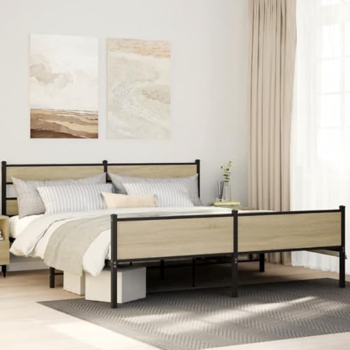 vidaXL Metallbett, Bett ohne Matratze mit Kopfteil, Bettrahmen Bettgestell mit Lattenrost Stauraum, Doppelbett für Schlafzimmer, Sonoma-Eiche 180x200cm