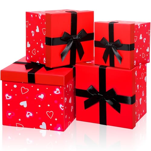 Epakh 4 Pcs Square Nesting Boxes Decorative Gift Boxes with Lids Black Red Hearts Assorted Sizes for Anniversary, Birthday, Wedding, Bridal Shower Party Gifts(Classic)